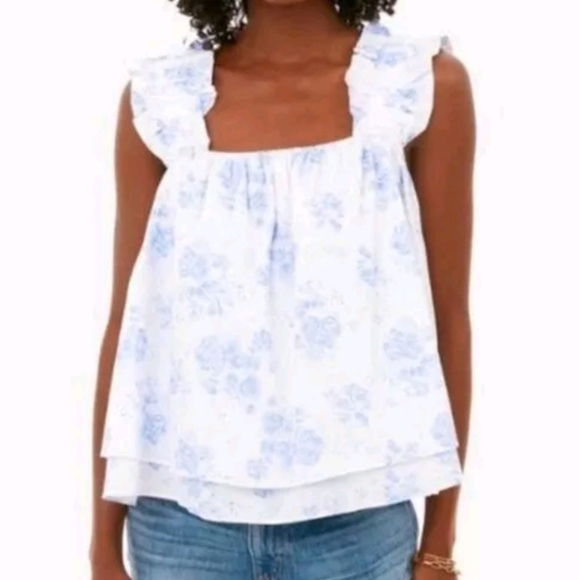 Hyacinth House Tuckernuck Sleeveless Ruffle Top XXL White Blue Chintz Floral - Picture 1 of 6
